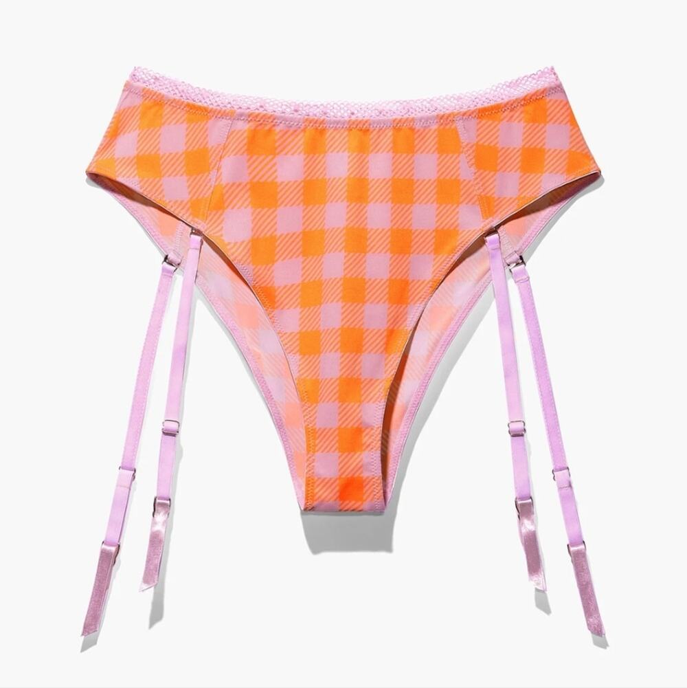 NWT Savage X Fenty Pink Orange Gingham High Waist Cheeky Panty Garter M NIP